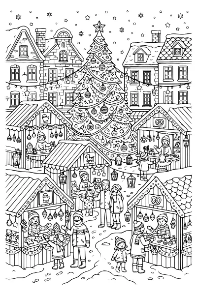 Weihnachtsmarkt mit Buden – Ausmalbilder Weihnachten zum Ausdrucken