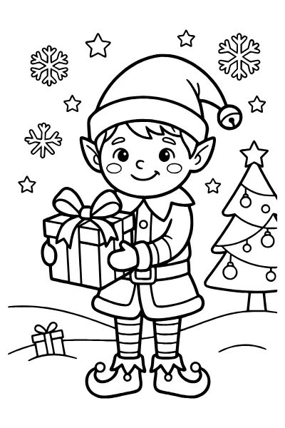 Wichtel mit Geschenk – Ausmalbilder Weihnachten zum Ausdrucken