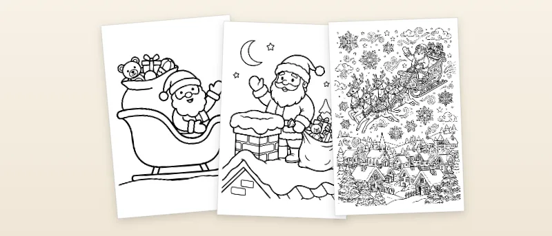 Ausmalbilder Weihnachtsmann: Weihnachtsmann mit Schlitten, Weihnachtsmann auf dem Dach und Weihnachtsmann mit Schlitten im Schnee