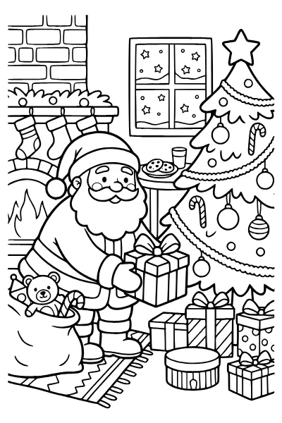 Weihnachtsmann am Weihnachtsbaum als Ausmalbilder Weihnachtsmann zum Ausdrucken