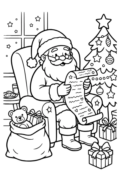 Weihnachtsmann liest einen Wunschzettel als Ausmalbilder Weihnachtsmann zum Ausdrucken