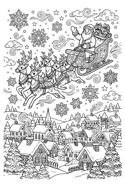 Weihnachtsmann mit Schlitten im Schnee als Ausmalbilder Weihnachtsmann zum Ausdrucken
