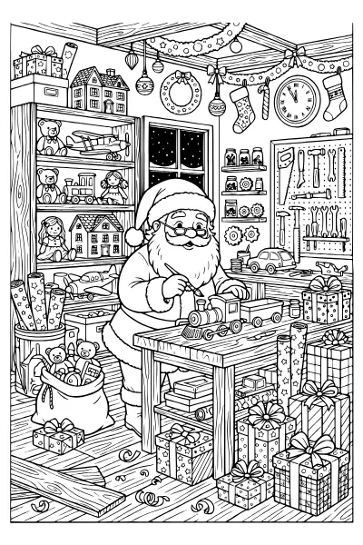 Weihnachtsmann in der Werkstatt mit Geschenkstapel als Ausmalbilder Weihnachtsmann zum Ausdrucken