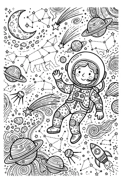 Astronautin zwischen Sternen und Sternbildern – Ausmalbilder Weltraum mit feinen Mustern