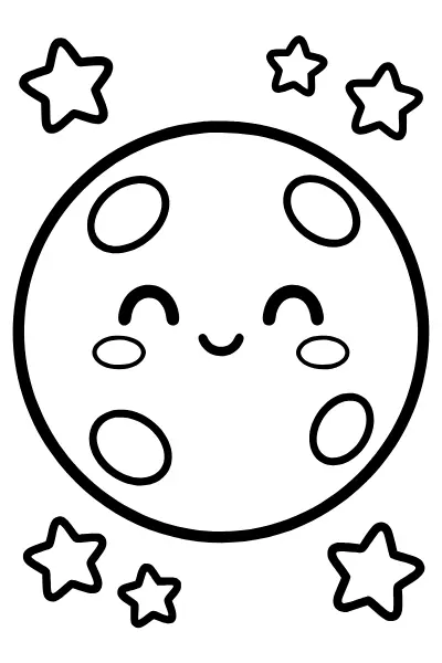 Mond mit großen Kratern und kleinen Sternen – Ausmalbilder Weltraum für Kinder