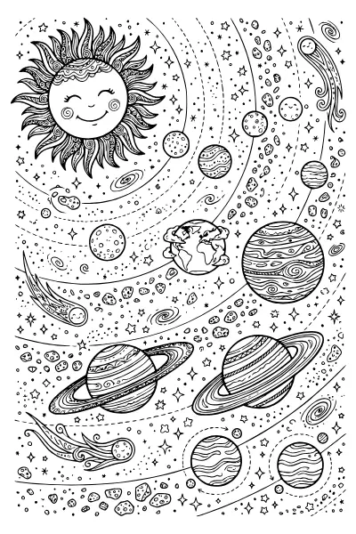 Sonnensystem mit Sonne, Planeten und Bahnen – Ausmalbilder Weltraum für Schulkinder