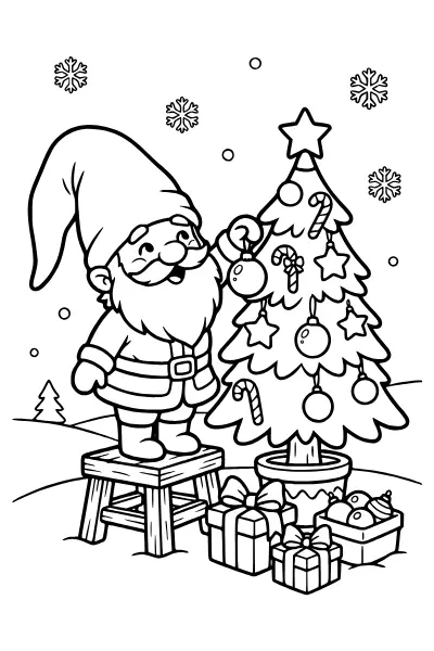 Wichtel am Weihnachtsbaum – Ausmalbild Wichtel für die Adventszeit