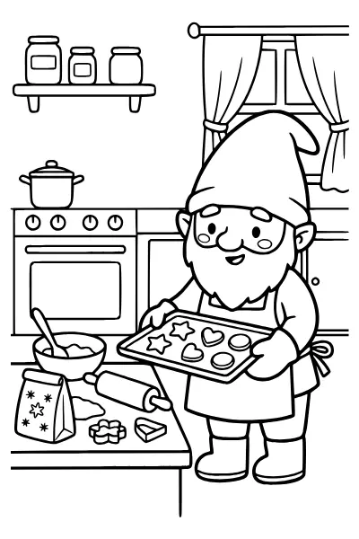 Wichtel backt Plätzchen: Weihnachts-Ausmalbild Wichtel