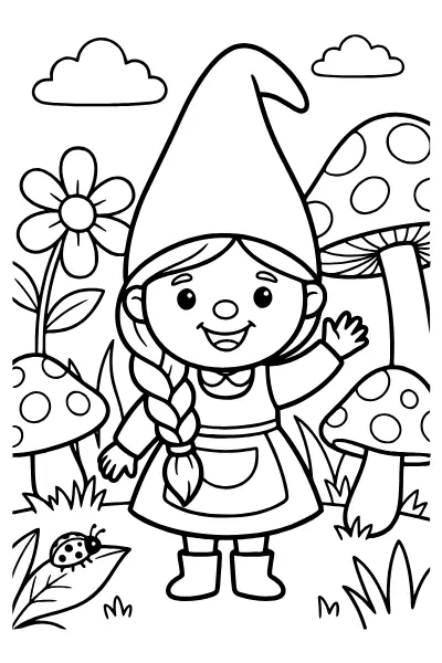 Wichtelmädchen mit Zopf als Wichtel-Ausmalbild für Kinder