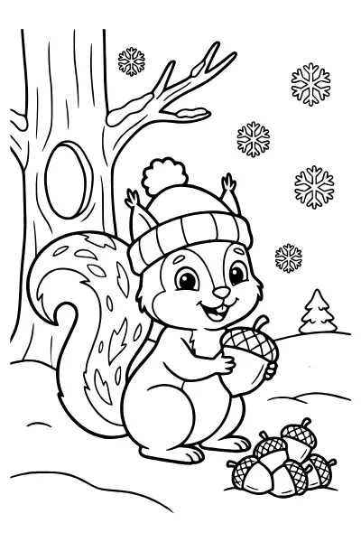 Eichhörnchen mit Mütze sammelt Nüsse – Ausmalbilder Winter