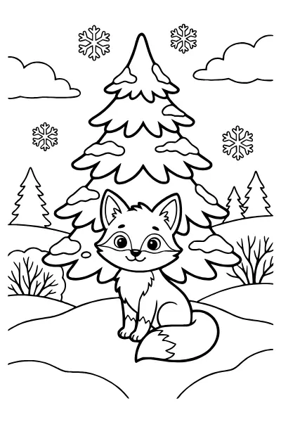 Fuchs im Winterwald vor einem Tannenbaum – Ausmalbilder Winter