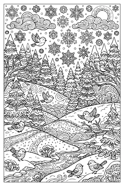 Winterlandschaft mit Tannenwald und Vögeln – Ausmalbilder Winter