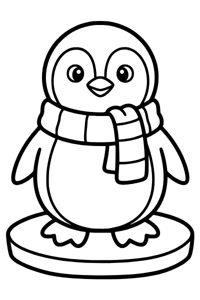 Pinguin mit Schal auf einer Eisscholle – Ausmalbilder Winter zum Ausmalen