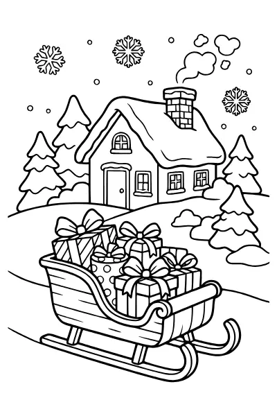Schlitten mit Geschenken vor einem verschneiten Haus – Ausmalbilder Winter