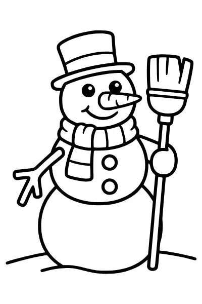 Schneemann mit Zylinder, Schal und Besen – Ausmalbilder Winter zum Ausdrucken