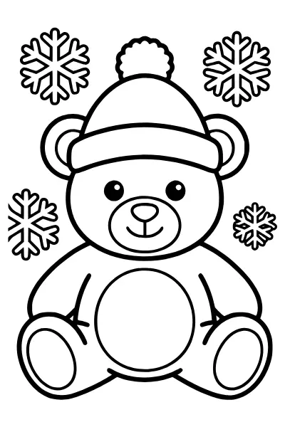 Teddybär mit Wintermütze zwischen Schneeflocken – Ausmalbilder Winter
