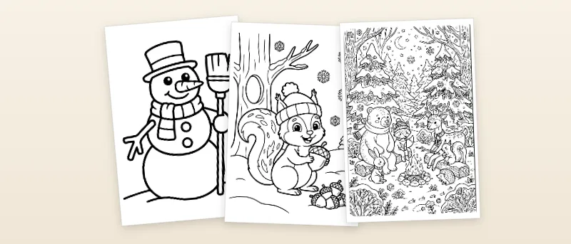 Ausmalbilder Winter: Schneemann mit Zylinder und Besen, Eichhörnchen sammelt Nüsse und Waldtiere am Lagerfeuer