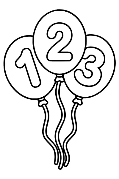 Ausmalbild Zahlen: drei Luftballons mit den Zahlen 1, 2 und 3 – Ausmalbilder Zahlen als PDF zum Ausdrucken