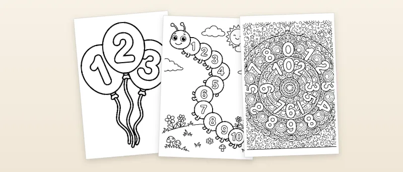 Ausmalbilder Zahlen: Zahlen-Luftballons, Zahlenraupe und Zahlen-Mandala