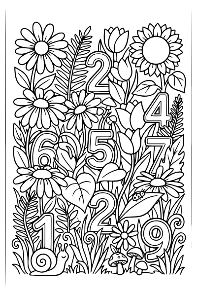 Ausmalbild Zahlen: eine Blumenwiese mit versteckten Ziffern – Ausmalbilder Zahlen als PDF