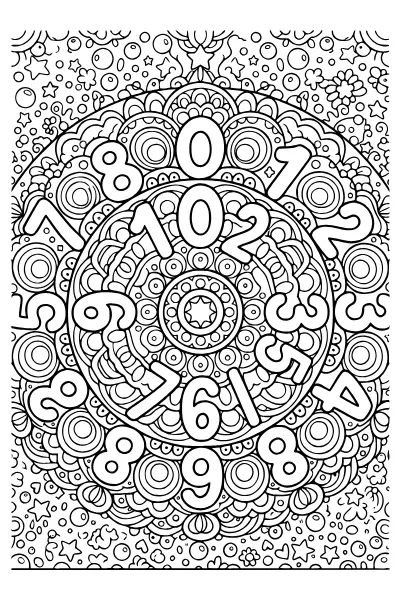 Ausmalbild Zahlen: ein Mandala aus Ziffern und Kreisen – Ausmalbilder Zahlen für Schulkinder