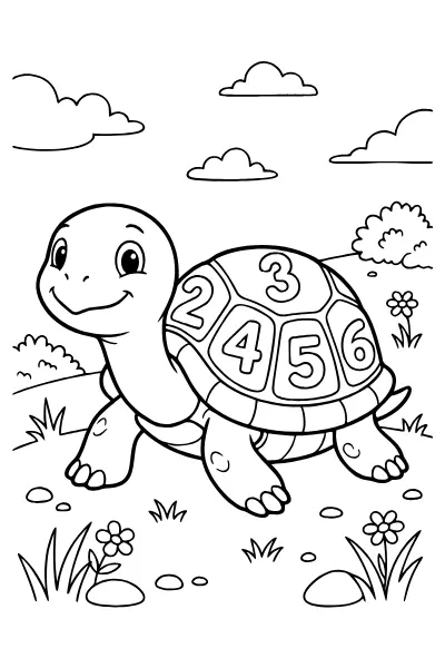 Ausmalbild Zahlen: eine Schildkröte mit Ziffern auf dem Panzer – Ausmalbilder Zahlen für Vorschulkinder
