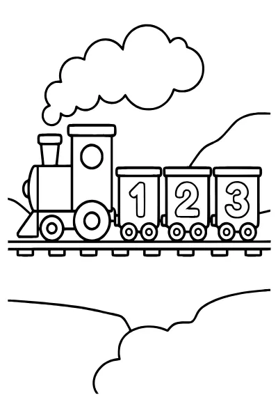 Ausmalbild Zahlen: ein fröhlicher Zug mit Ziffern auf den Wagen – Ausmalbilder Zahlen für Kita-Kinder
