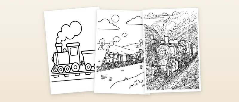 Ausmalbilder Zug: Dampflok mit einem Waggon, Güterzug mit Waggons und Dampflok mit vielen Details
