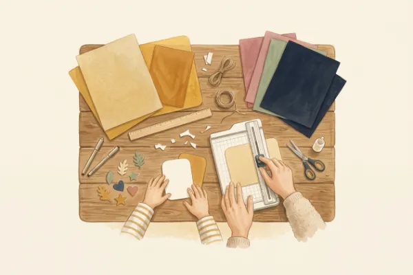 Tonpapier, Schneidemaschine und Fineliner auf einem Tisch zum Selbermachen von Meilensteinkarten