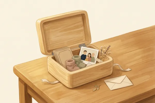 Holzbox mit Meilensteinkarten, einem Foto und kleinen Andenken