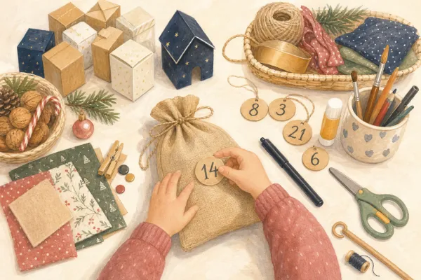 Kinderhände kleben die Zahl 14 auf einen Jutebeutel, daneben liegen Zahlen-Anhänger und ein Filzstift für den Adventskalender