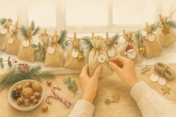 Adventskalender auf einer Fensterbank, Tannenzweige, Nüsse und Zuckerstangen werden zwischen die nummerierten Beutel gesteckt