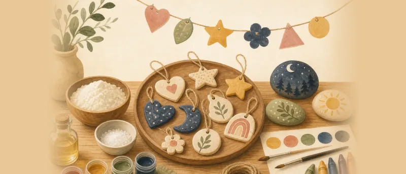Fertige Salzteig-Anhänger, bemalte Steine und Papiergirlande auf einem Holztisch – Ideen zum Basteln mit Kindern