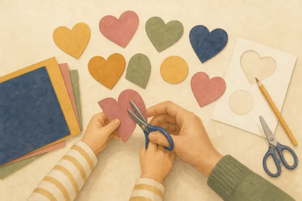 Kinderhände schneiden sieben Herzformen und einen Kreis aus buntem Papier aus, eine erwachsene Hand führt die Schere mit, Vorlage liegt daneben