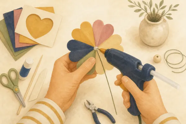 Erwachsenenhände fixieren den Papierbindedraht mit einem Tropfen Heißkleber an der Blütenmitte, daneben liegen Holzperle und fertige Papierblume