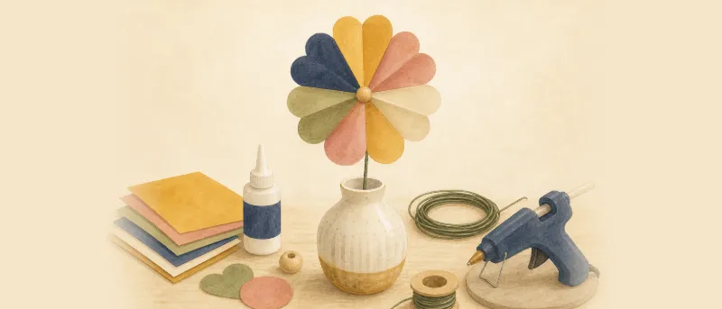 Blumen basteln mit Kindern: fertige Papierblume aus sieben gefalteten Herzen am Drahtstiel in einer Vase