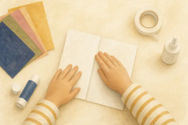 Kinderhände streichen einen Falz auf einem weißen Blatt Papier glatt – Schritt 2 beim Briefumschlag basteln