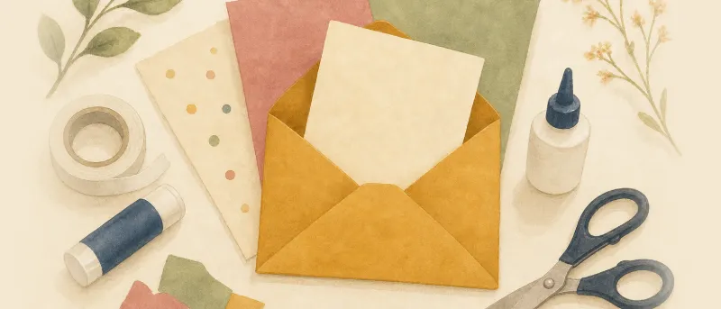 Fertig gebastelter Briefumschlag aus buntem Tonpapier mit eingelegter Karte – Titelbild für Briefumschlag basteln mit Kindern