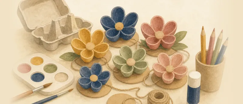 Basteln mit Eierkarton: bunte Blüten aus Eierkarton-Fächern als Tischdeko