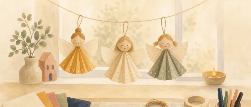 Fertige Engel aus Papier hängen an einer Schnur vor dem Fenster – Engel basteln mit Kindern für Weihnachten