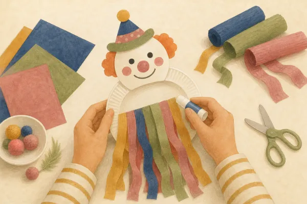 Bunte Krepppapierstreifen werden an der Rückseite eines Papptellers als Clownskörper befestigt