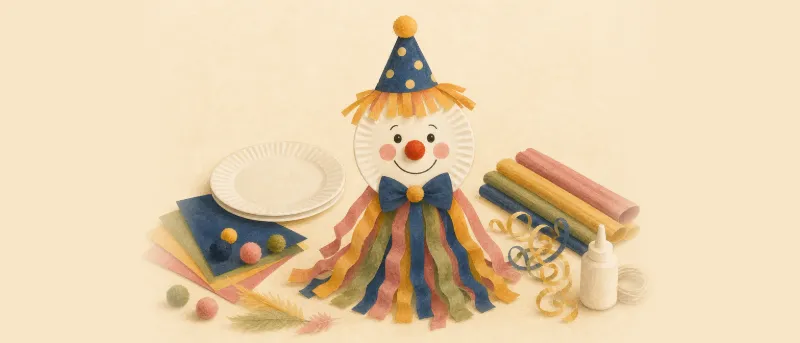 Fertig gebastelter Clown aus einem weißen Pappteller mit buntem Hut und Krepppapier-Luftschlangen – Fasching basteln mit Kindern