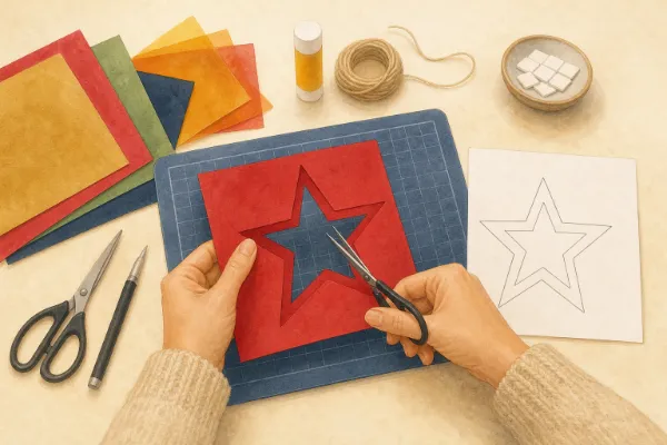 Erwachsenenhände schneiden mit einer kleinen Schere die Innenflächen eines Sterns aus rotem Tonpapier aus, darunter liegt eine Schneidunterlage und daneben die Papierschablone