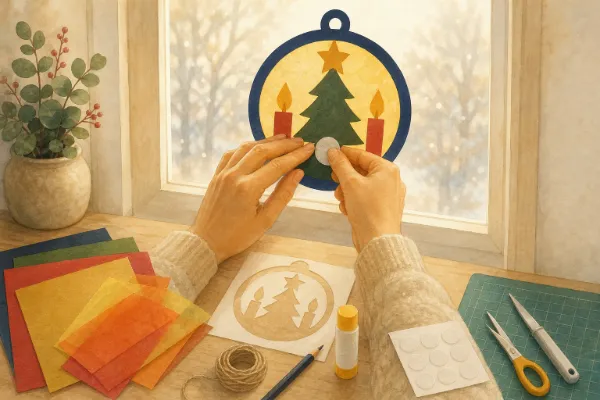 Hände drücken ein fertiges Weihnachts-Fensterbild aus Tonpapier und Transparentpapier mit einem Klebepad an die Scheibe