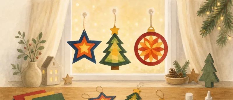 Fertige Fensterbilder für Weihnachten aus Tonpapier und Transparentpapier leuchten am Fenster im Gegenlicht