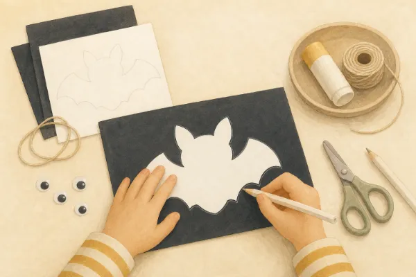 Kinderhände übertragen die Fledermaus-Vorlage mit einem hellen Stift auf schwarzes Tonpapier