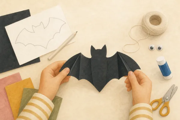 Geknickte Falzlinien an der ausgeschnittenen Fledermaus aus Tonpapier aus der Nähe