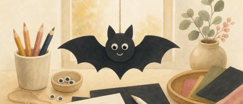 Fertige Fledermaus aus schwarzem Tonpapier, an einem Faden vor dem Fenster aufgehängt – Fledermaus basteln mit Kindern