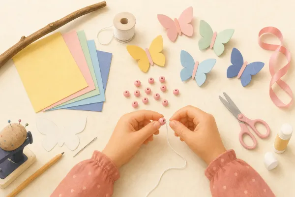 Kinderhände fädeln eine rosa Perle auf einen weißen Faden für die Schmetterlingsgirlande