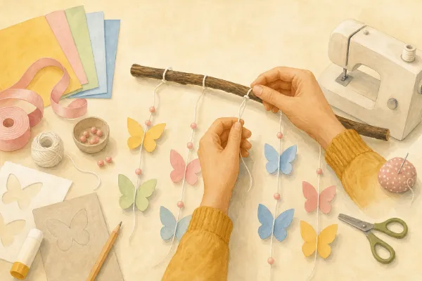 Papierschmetterlinge hängen an Fäden unter einem Ast, eine Hand knotet einen Faden fest